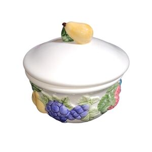 Vintage Lillian Vernon Colorful Fruit Accented White Lidded Ceramic Bowl 5"HX5"D